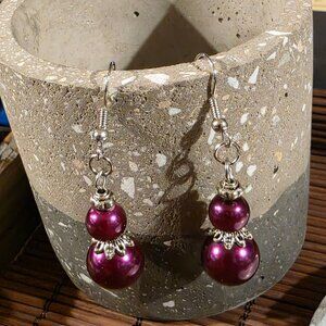 Handcrafted Berry Purple Antiqued Silver Glass Pearl Drop Earrings